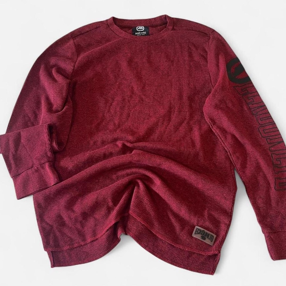 Ecko Unltd Red Long Sleeve Thermal Waffle Knit Shirt  Graphic on Sleeve XL